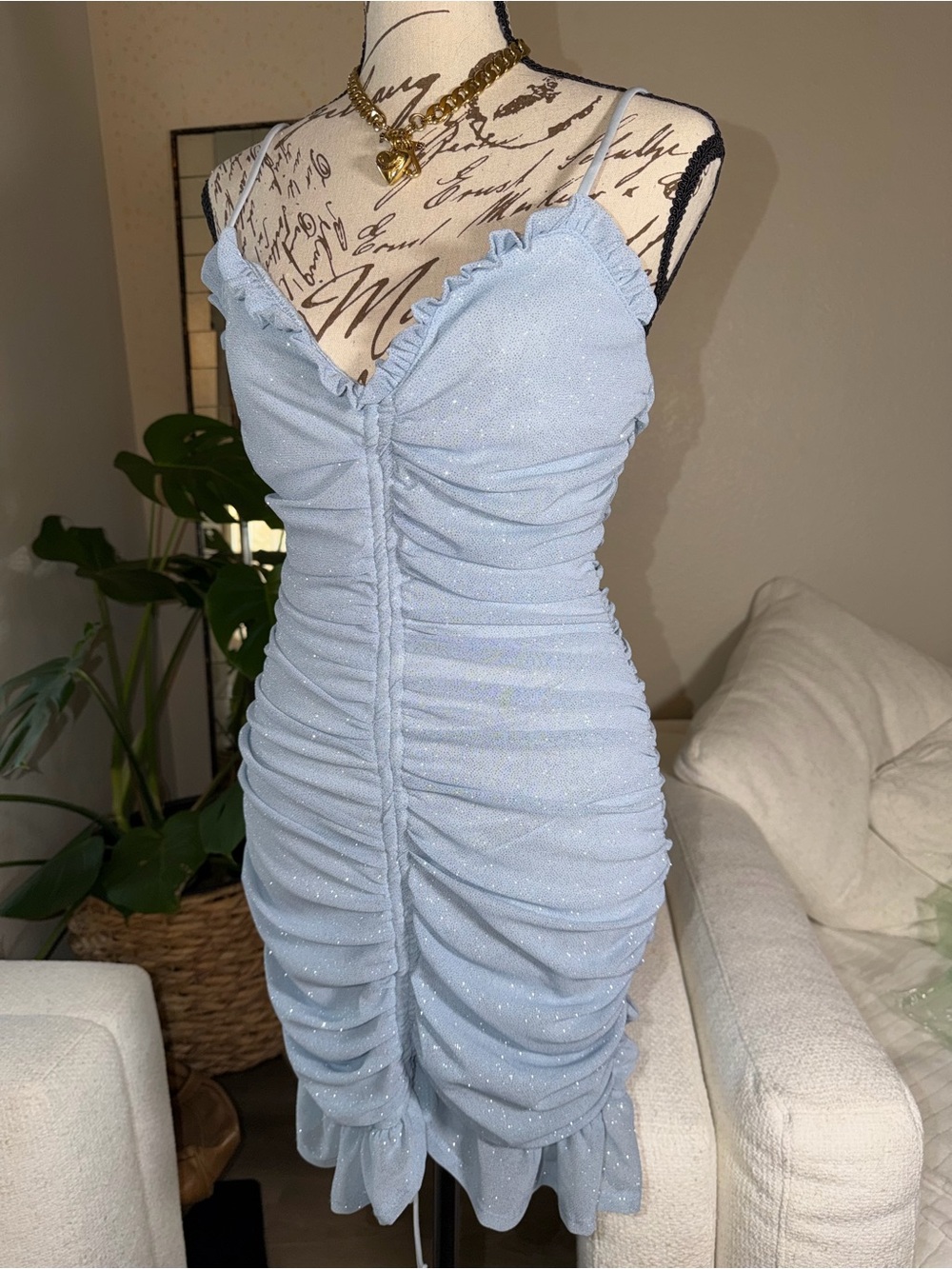 Windsor Light Blue Sparkle Ruched Mini Dress